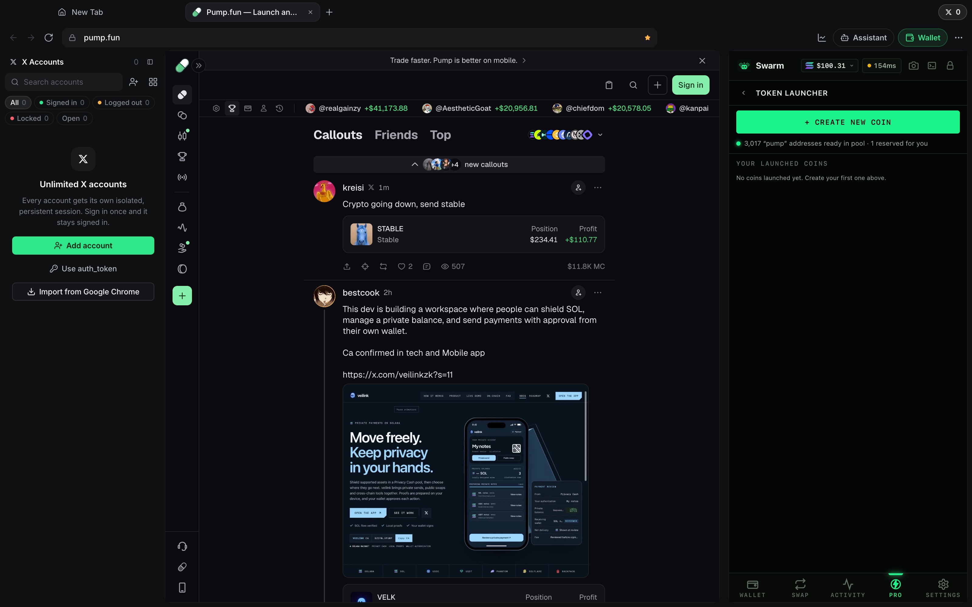 Cabal open on pump.fun with the X accounts sidebar and trading panel